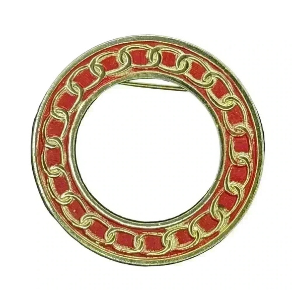 Chain Design Brooch Red Enamel Gold Circle EUC Jewelry - Picture 3 of 6